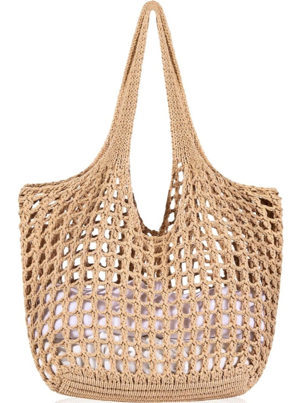 Women's Light Brown Crochet Mesh Tote Bag Shoulder Lightweight Shopping Handbag